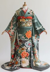 Wall Mural - A woman wearing a green kimono with floral patterns