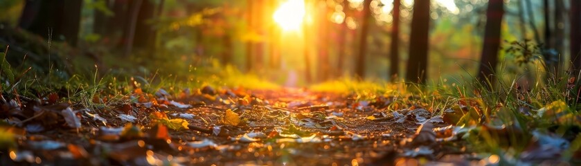 Healthy nature walk at sunset, close up, focus on, striking hues, double exposure silhouette with forest path