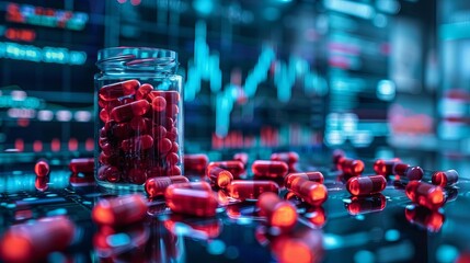 Pharmaceutical company stock market surge during virus, close up, focus on, vivid tones, healthcare boost