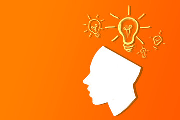 Poster - A stylized white human head silhouette with light bulbs around it on an orange background, concept of ideas and creativity. 3D Rendering