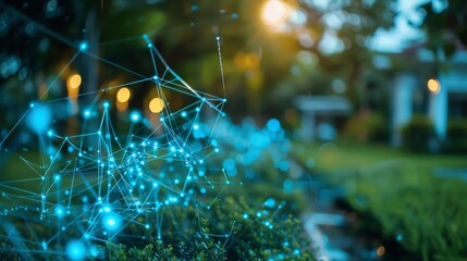 Abstract glowing network connection in a lush green garden setting at sunset.