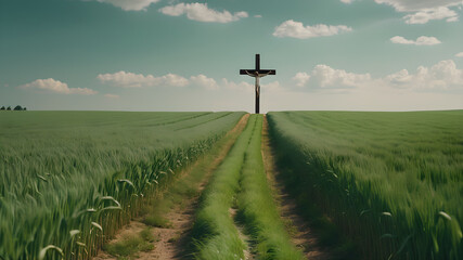 Cross between green fields symbol christianity, Generative AI