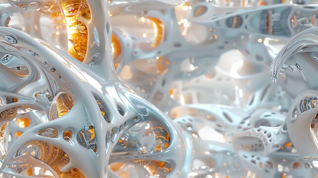 Abstract 3D rendering of a complex, organic structure with white and orange elements.