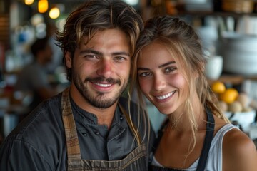 Two Caucasian professionals, a chef and a waitress, share smiles as they work in harmony within the bustling kitchen of a restaurant.