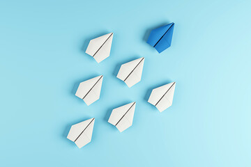 Poster - Paper airplanes on a blue background, one distinct in color, symbolizing leadership or uniqueness. 3D Rendering