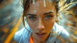 © familymedia - Dynamic close-up of a runner's face with water splashing, emphasizing her focused and energized expression