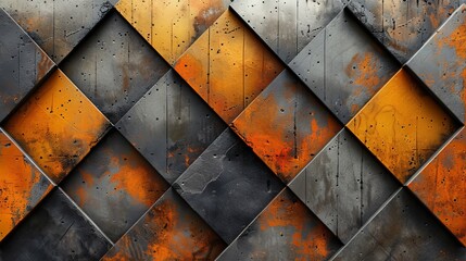 Wall Mural - Diamond shapes in orange and rust hues contrast against a dark, textured background in this abstract pattern