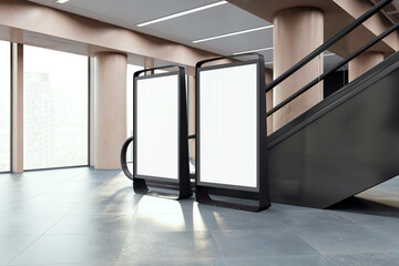Poster - Two blank advertising display boards in a modern interior setting with large windows and urban view, ideal for mockups and branding, lightbox. 3D Rendering