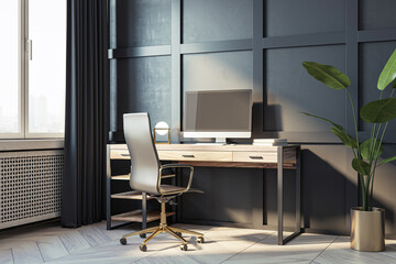 Modern home office interior with computer on desk, elegant chair, plant, and large window, dark blue and wood, concept of work from home. 3D Rendering