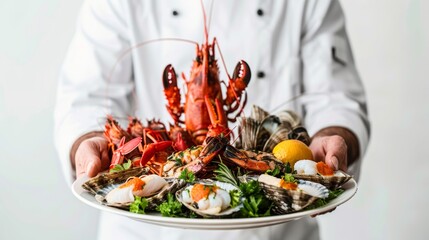 Wall Mural - A satisfied chef holding a plate of beautifully plated seafood and vegetable dishes