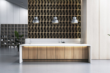 Aufkleber - Modern kitchen interior with wooden cabinets, geometric wall pattern, and pendant lights on a plain background, concept of design. 3D Rendering
