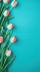 Wall Mural - Spring tulip flowers on background top view in flat lay style flower floral background border texture