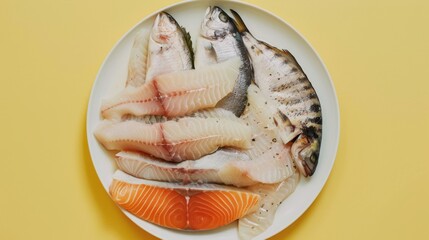 Wall Mural - A white round plate with fish, whole and sliced. On a light yellow background. Top view