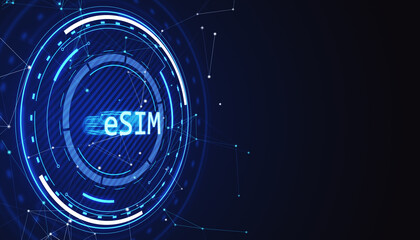 Aufkleber - A digital illustration with eSIM text, circuit patterns and connected dots on a dark blue background, conveying a tech concept. 3D Rendering