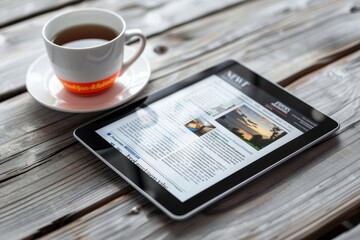 Fictional news website displayed on digital tablet with inventive stories for online browsing