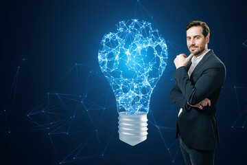 Aufkleber - A man in a suit stands confidently next to a digital light bulb idea concept on a blue digital network background