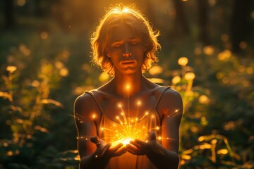 Wall Mural - person holding a light in hands siting outside in the grass at sunset. 