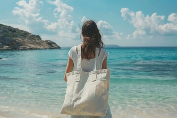 Wall Mural - woman with tote bag on beach traveling back view.