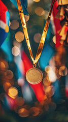 Gleaming gold medal reflecting ambient light, hanging on a red ribbon close up victory realistic Fusion athletes chest