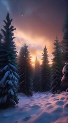 Mountain and forest scenery with sunsets and sunrises, featuring sno