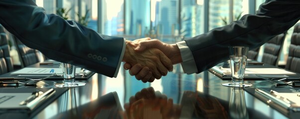 Successful deal, shaking hands, closing contract close up partnership agreement realistic Fusion conference room