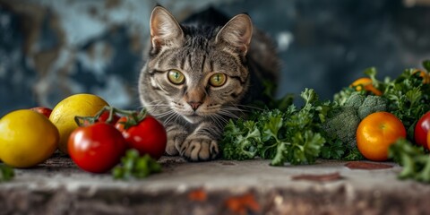 Wall Mural - Portrait of a cat with fruits and vegetables around him. Healthy food concept. Generative AI.