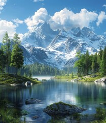 Canvas Print - Serene Mountain Lake with Pine Forest and Snow-Capped Peaks