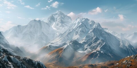 Wall Mural - Panoramic view of snow mountains range landscape. Generative AI.