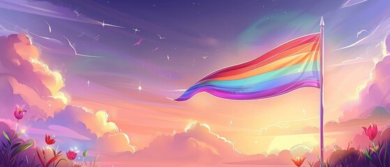 A colorful rainbow flag is flying in the sky above a field of flowers