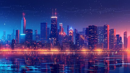 Wall Mural - famous chicago skyline at night panoramic view of illuminated skyscrapers cityscape concept digital illustration