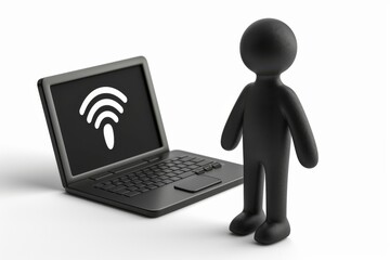 Sticker - Mannequin using a laptop with a Wi Fi symbol, emphasizing digital connectivity