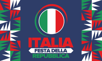 Italia. Festa della Repubblica. Text in italian: Italian Republic Day. Happy national holiday. Celebrated annually on June 2 in Italy. Italy flag. Patriotic design. Vector illustration