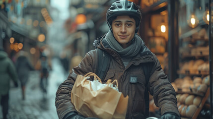 delivery man wearing helmet giving a grocery bag to a customer