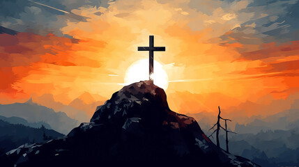 Wall Mural - Silhouette of cross against colorful sky inspired deep spiritual faith, At sunset, reminding believers of Jesus Christ and profound essence of their religion amidst glowing light and drifting clouds.
