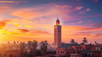 Wall Mural - iconic koutoubia mosque illuminated by warm sunrise colors marrakech cityscape