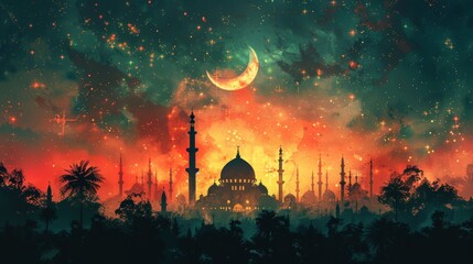 Wall Mural - a green ramadan greeting poster featuring a hand-drawn mosque silhouette, detailed illustration, and free space celebrating the sacrifice feast festival