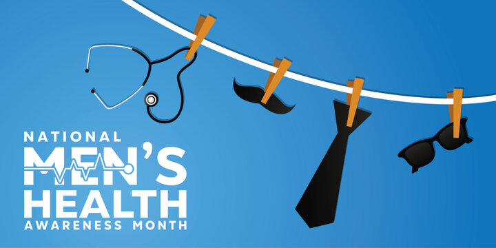 National Mens Health Awareness Month. Stethoscope, mustache, tie and glasses. Great for cards, banners, posters, social media and more. Blue background. 