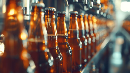 A row of beer bottles on a conveyor belt