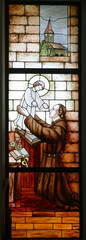 Saint Anthony, stained glass window in the parish church of Saint Anthony of Padua in Lasinja, Croatia