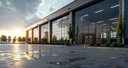 Poster - a large building with a lot of windows and a lot of water on the ground in front of it..