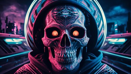 Skull with vivid paint. Spooky concept. Halloween or Santa Muerte concept. Retro future background.