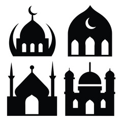 Wall Mural - Set of Islamic ornament icons with mosque black vector on white background