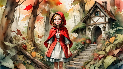 Little Red Riding Hood in the forest with a basket and a wolf