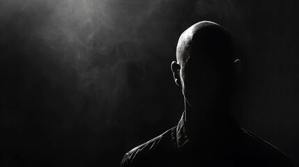 The image is a black and white silhouette of a man with no face. The man is looking down and his face is obscured by a cloud of smoke.