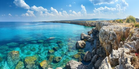 Wall Mural - This impressive panoramic image captures the clear turquoise waters along a rocky coastline under a blue sky