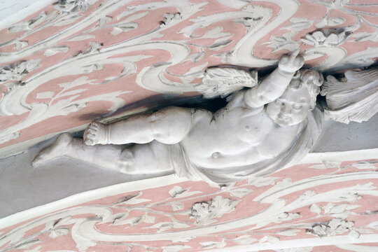 Angel, stucco on the ceiling of the Church of St. Catherine of Alexandria in Zagreb, Croatia