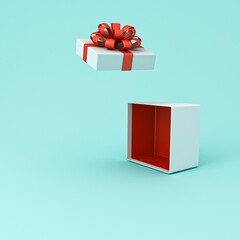 Aufkleber - Open gift box or white present box with red ribbon and bow isolated on light green blue pastel color or cyan background with shadow and blank copy space minimal concepts 3D rendering