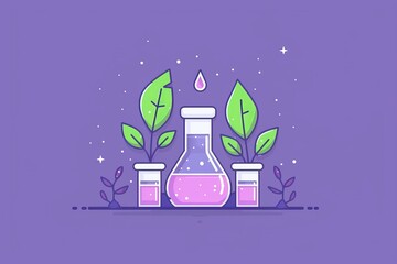 Sticker - Eco friendly chemistry with test tubes and leaves vector illustration in pastel colors on a purple background, emphasizing sustainability and green science