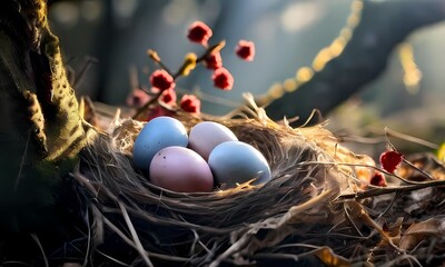 Wall Mural - Brown pink and blue eggs nestled within a bed of twigs and dried grass early morning sunlight, Ai Generated