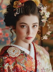 Wall Mural - Beautiful Woman in Traditional Japanese Kimono with Floral Hair Ornament